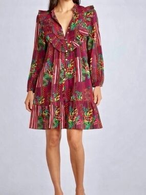 Ro’s Garden Women’s Roma Campeche Burgundy Floral Ruffle Button Up Dress Sz XL